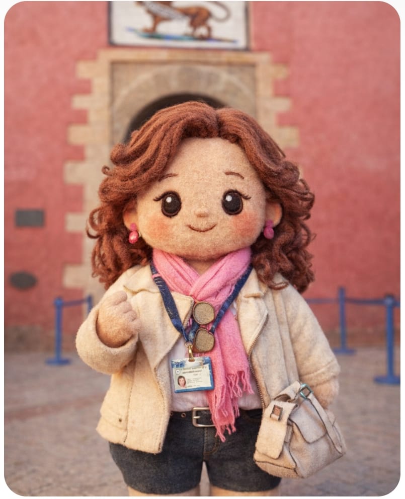 Ilustración de Carmen Ruiz en forma de peluche delante de la Puerta de los Leones del Alcázar de Sevilla, imagen generada por IA para Conoce Sevilla