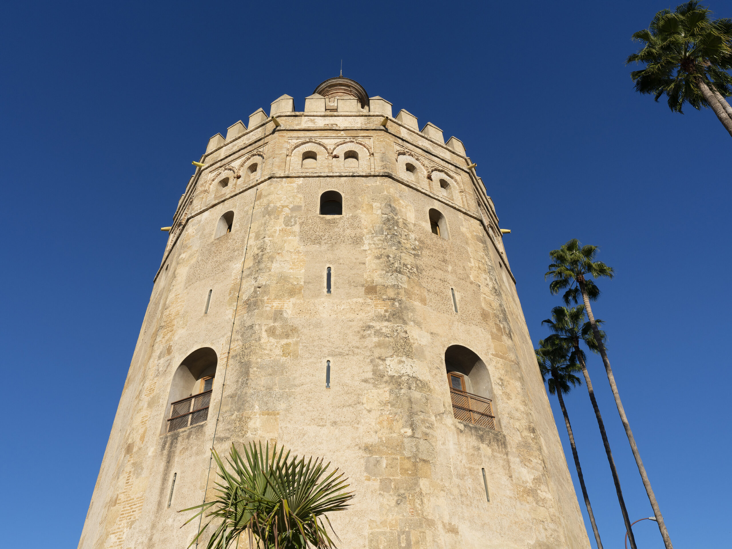 Torre del Oro en Sevilla vista desde abajo durante una visita cultural con Conoce Sevilla