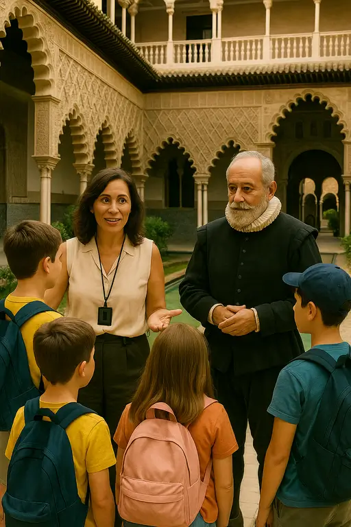 Carmen Ruiz con un actor vestido de época recreando episodios históricos para un grupo de escolares en Sevilla con Conoce Sevilla